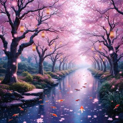 The primary subject of the image is a beautiful, pink cherry blossom tree with a river flowing through it. The setting is a serene, pink-lit forest with a pathway running through it. The visual style is a digital art illustration, creating a dreamy and romantic atmosphere. The dominant colors are pink and purple, with the cherry blossoms adding a touch of white.